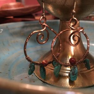 SOLD Wrapped Copper Earrings w/Turquoise&Mookaite